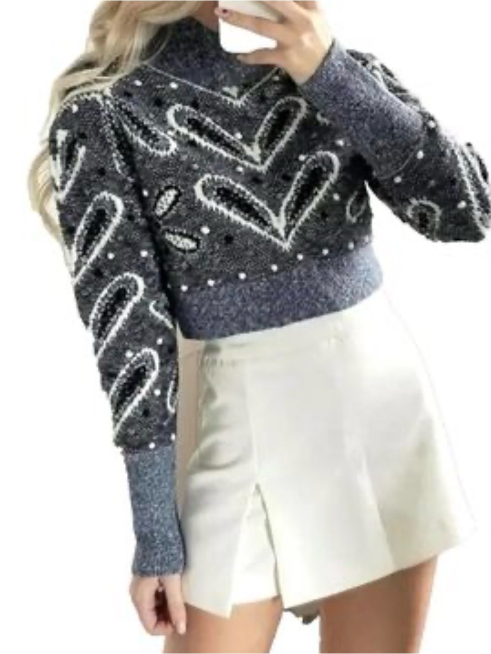 Zara Gray Cropped Heart Pattern Turtleneck Sweater